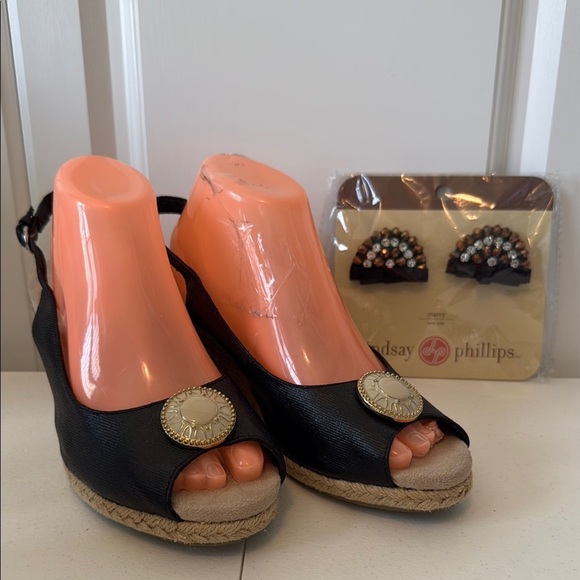 Lindsay Phillips Black Espadrille Wedges with Peep-Toe & New package of snaps - Picture 1 of 8
